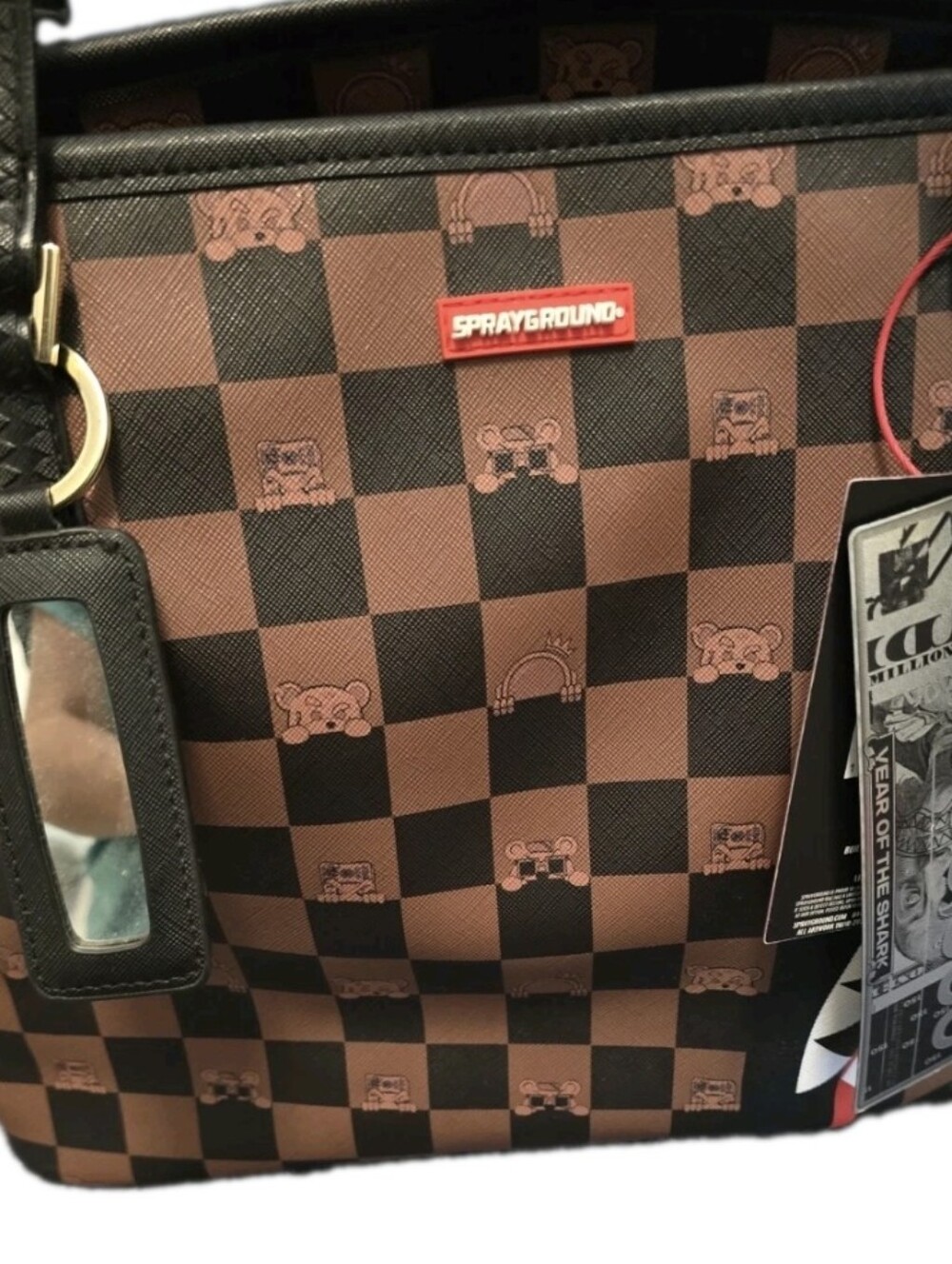 Sprayground Limited Edition Brown Checkered Shark Tote Bag NWT
